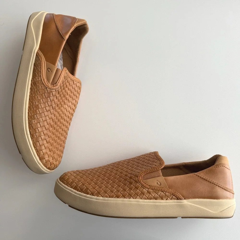 Olukai EUC Lae'ahi Lauhala Woven Leather Slip On Fox Brown Sneaker Loafer 10 M